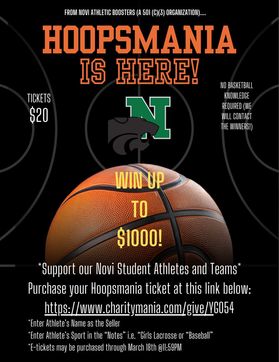 Big College Games today and March Madness is almost here so get ready for HoopsMania! Our All-Sports Spring Fundraiser! Purchase at:
charitymania.com/give/YG054
Cards are $20 each. Cards are available online through Midnight on March 18th <a href="/NoviBoosters/">Novi Boosters</a>