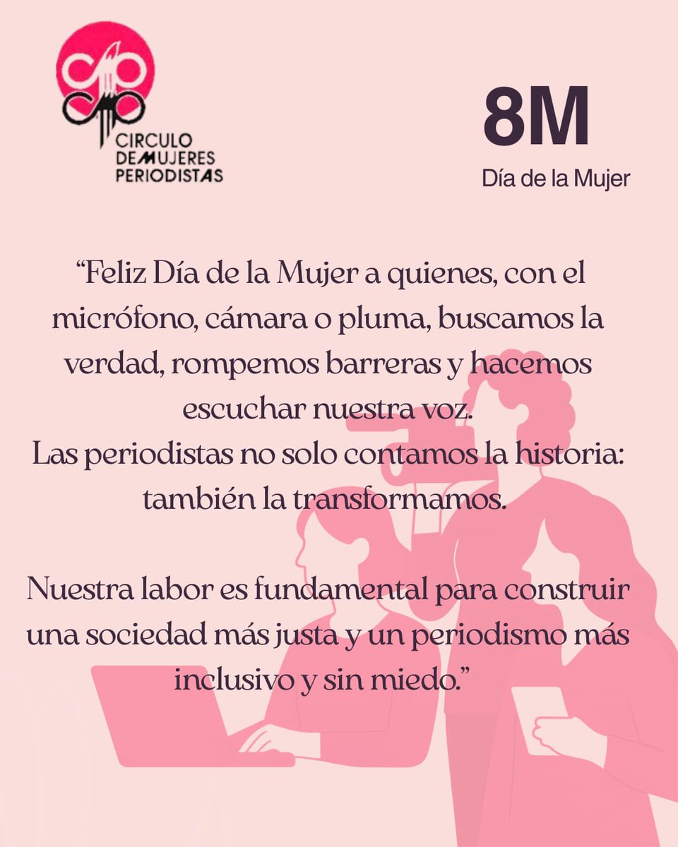 CIrculoMP's tweet photo. Este 8 de marzo, desde el Círculo de Mujeres Periodistas de La Paz saludamos y reconocemos a todas las periodistas y trabajadoras de la prensa que con compromiso, valentía y ética, ejercen el periodismo y contribuyen cada día al derecho de la sociedad a estar informada.
#8M https://t.co/Y2kAbdH9EL