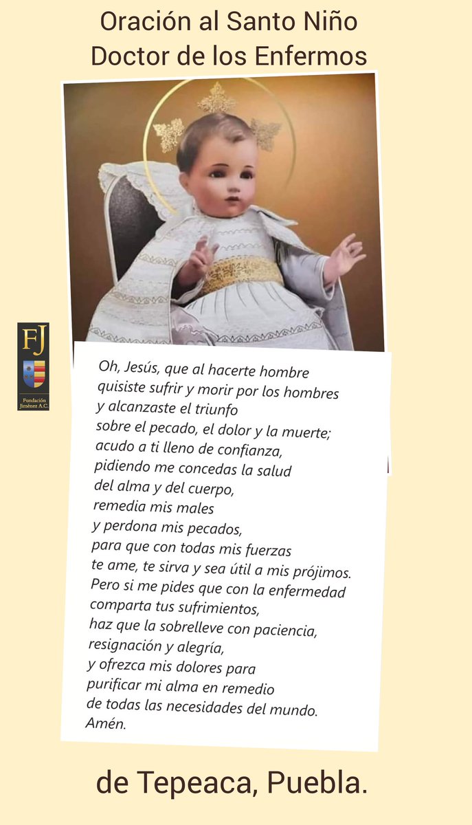 RTepeacaOff's tweet photo. 🟢🟡🟢 Les compartimos la #oraciondeldia en honor al Santo Niño Doctor de los Enfermos que se venera en el Santuario Del Santo Niño Jesús Doctor De Los Enfermos de #Tepeaca https://t.co/o0csam4VhB