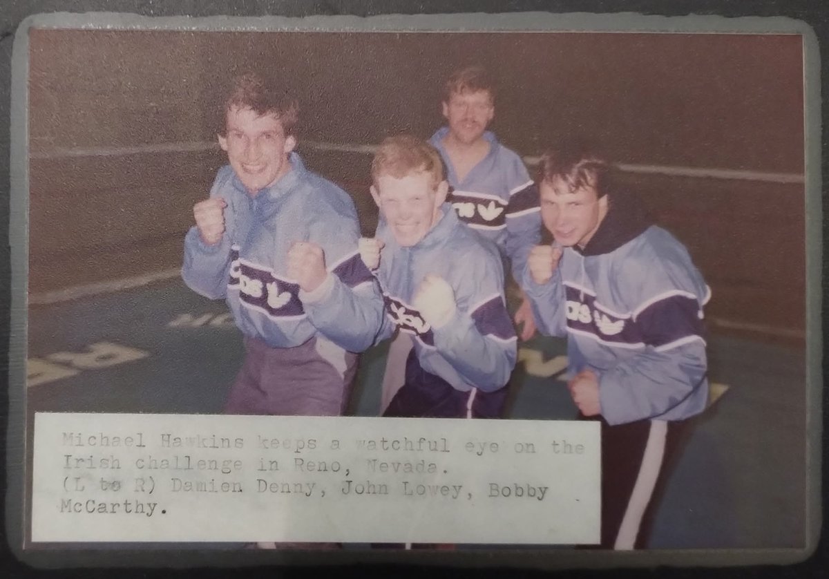 HTBC_Belfast's tweet photo. FROM THE ARCHIVE: Irish internationals, Damien Denny, John Lowey and Bobby McCarthy, pictured with coach Michael Hawkins in the gym ahead of the World Senior Championships, at the Sparks Convention Centre, Reno, Nevada from May 8-18, 1986. 
#TeamHT https://t.co/pbXnHaXwq1