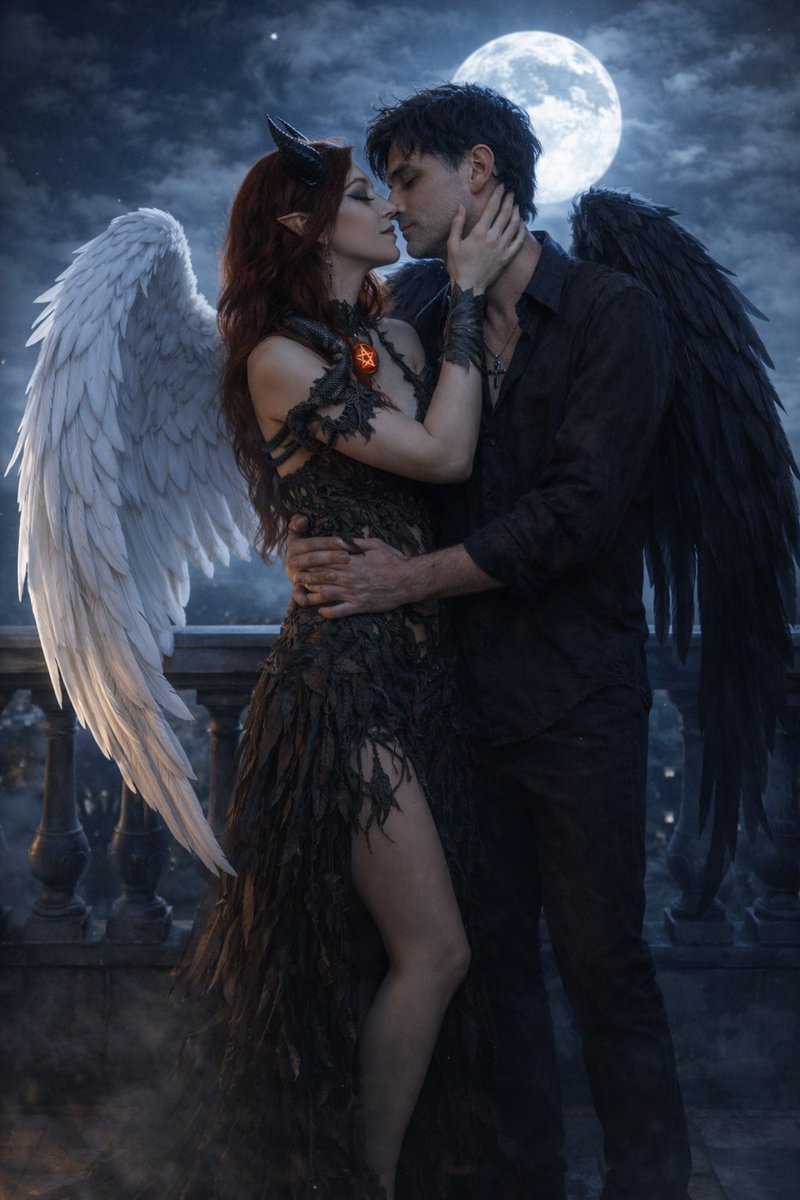 MikeBray47's tweet photo. Got creative last night using AI &amp; made these of my best friend Megan (who was also the love of my life, soulmate and my rock, passed away last year) &amp; I...with Megan as the daughter of Lucifer &amp; Eve and myself as the son of Lilith (Lucifer's sister) and Adam. https://t.co/g7p8JD4Arj