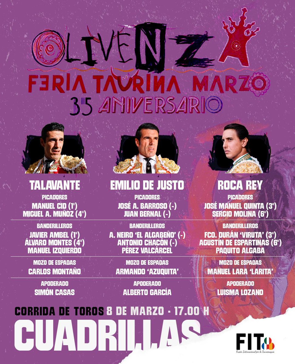LAS CUADRILLAS de Talavante, Emilio de Justo y Roca Rey que actuarán hoy en la cuarta de la feria de #Olivenza26 

🎟️ Entradas en fitauromaquia.com