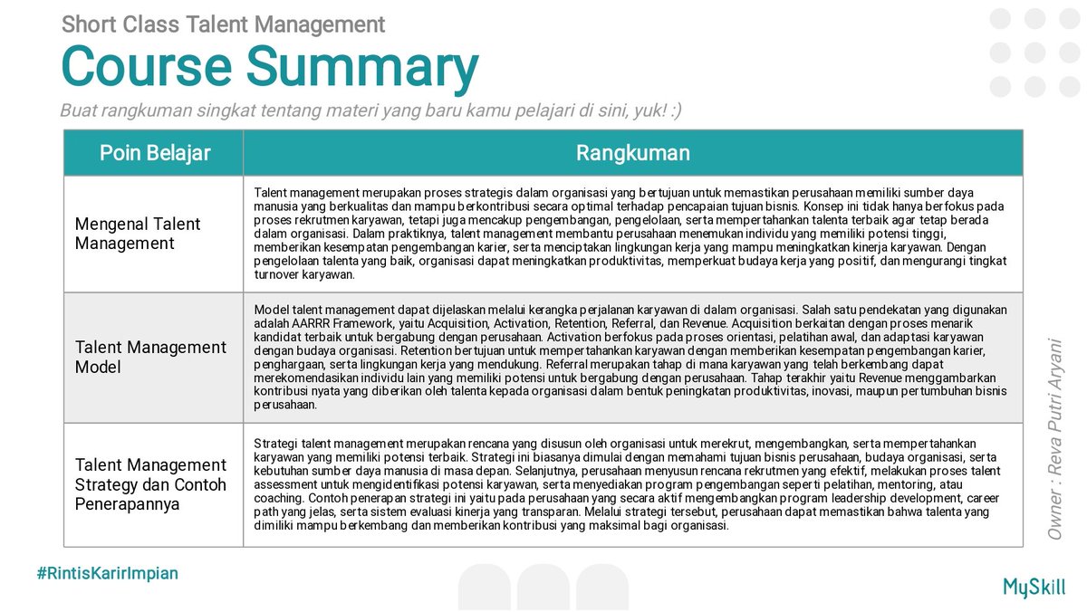 arynree's tweet photo. Belajar Talent Management di MySkill. Insight baru tentang bagaimana perusahaan merekrut, mengembangkan, dan mempertahankan talenta melalui framework AARRR. Sangat relevan untuk memahami strategi HR di dunia kerja. 
#learnatMySkill 
@myskill_id https://t.co/hOo7xA2vdK