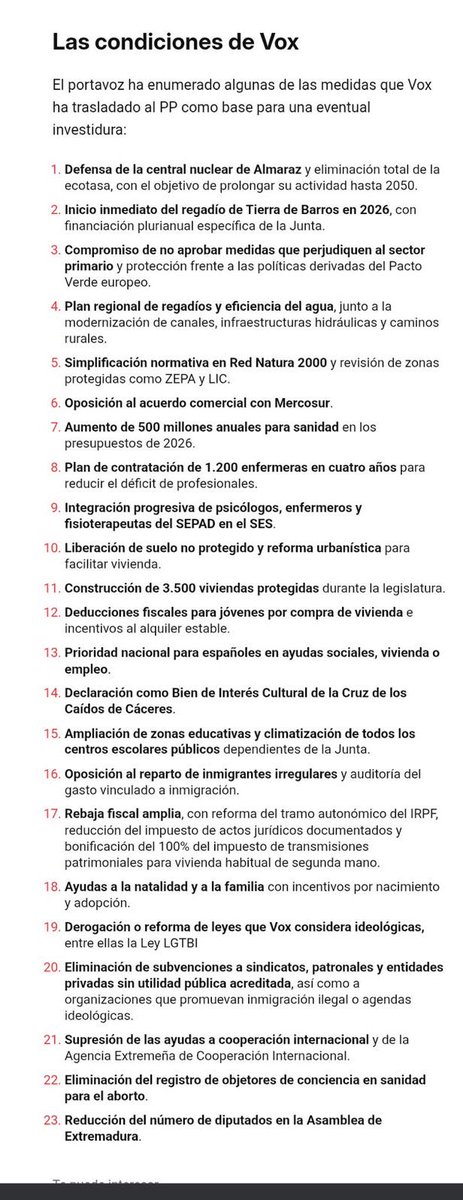 Jaime no seas cínico. 

VOX os propuso un acuerdo en Extremadura. Por algún motivo, no queréis suscribirlo. 

¿Qué os parece inaceptable del acuerdo? ¿Cuál de los puntos os impide firmarlo?

En fin… dejad de marear la perdiz. Presentad una moción de censura ya. Retratad a cada
