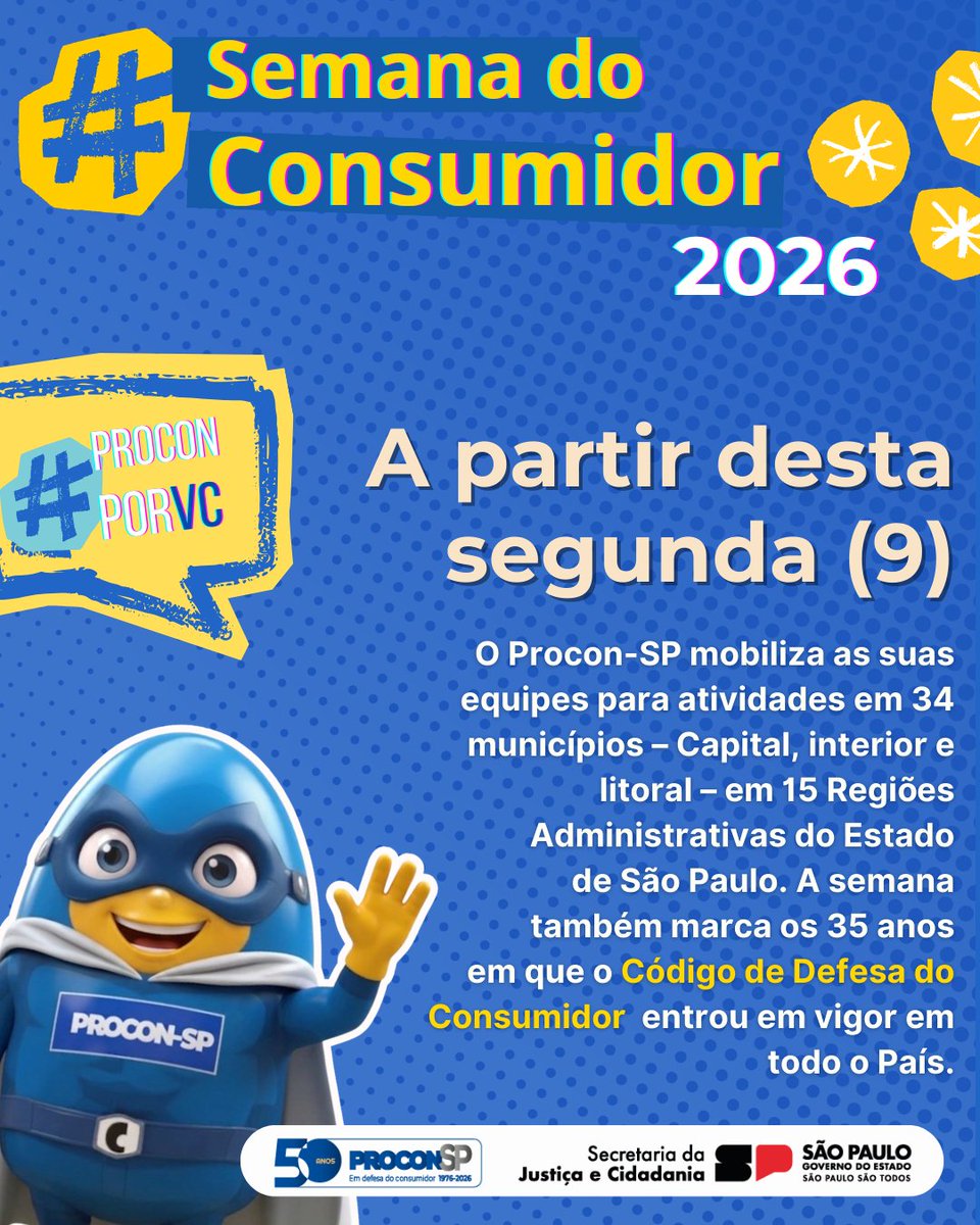 proconspoficial's tweet photo. A partir desta segunda, o #ProconSP mobiliza as suas equipes para atividades em 34 municípios, incluindo a Capital. A semana também marca os 35 anos em que o Código de Defesa do Consumidor entrou em vigor no País. Acesse nosso site e confira a programação: https://t.co/0CBgLubENa https://t.co/nppe4kyb4n