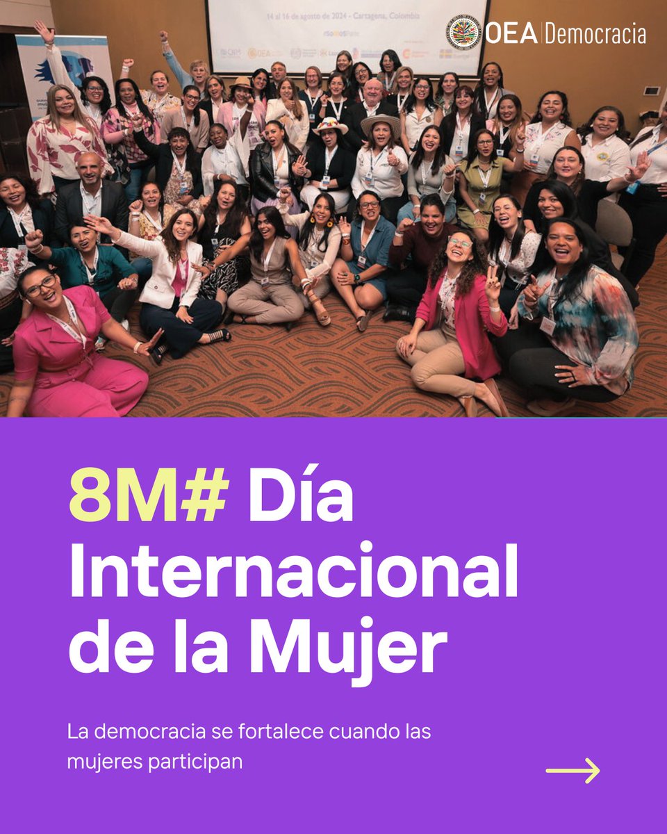 OEA_Democracia's tweet photo. Hoy, en el #DiaInternacionalDeLaMujer, reconocemos a quienes transforman nuestras democracias todos los días.

En la Secretaría para el Fortalecimiento de la Democracia de la @OEA_oficial trabajamos junto a mujeres que lideran, participan, construyen paz, impulsan cambios y abren caminos para otras.

🌎 +2.000 mujeres políticas capacitadas en 12 países en un trabajo conjunto de la CIM y la Escuela de Gobierno OEA.
🗳️ 52% de mujeres observadoras en Misiones de Observación Electoral (MOE) en 2025.
🧡 +150 mujeres migrantes y refugiadas fortalecidas en liderazgo y prevención de trata.
👩‍🍳 +1.700 mujeres capacitadas en la Zona de Adyacencia para empleo y emprendimiento.

En la Secretaría gran parte del equipo está conformado por mujeres que lideran procesos clave en democracia, participación y derechos y 3 de nuestros 4 departamentos son dirigidos por mujeres.

¡Hoy celebramos sus voces!
Todos los días trabajamos para que sus derechos sean garantizados.

#8M – Por más igualdad, más participación y más democracia.