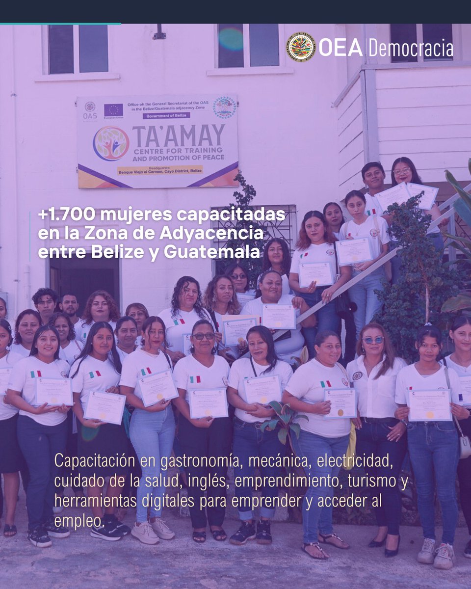 OEA_Democracia's tweet photo. Hoy, en el #DiaInternacionalDeLaMujer, reconocemos a quienes transforman nuestras democracias todos los días.

En la Secretaría para el Fortalecimiento de la Democracia de la @OEA_oficial trabajamos junto a mujeres que lideran, participan, construyen paz, impulsan cambios y abren caminos para otras.

🌎 +2.000 mujeres políticas capacitadas en 12 países en un trabajo conjunto de la CIM y la Escuela de Gobierno OEA.
🗳️ 52% de mujeres observadoras en Misiones de Observación Electoral (MOE) en 2025.
🧡 +150 mujeres migrantes y refugiadas fortalecidas en liderazgo y prevención de trata.
👩‍🍳 +1.700 mujeres capacitadas en la Zona de Adyacencia para empleo y emprendimiento.

En la Secretaría gran parte del equipo está conformado por mujeres que lideran procesos clave en democracia, participación y derechos y 3 de nuestros 4 departamentos son dirigidos por mujeres.

¡Hoy celebramos sus voces!
Todos los días trabajamos para que sus derechos sean garantizados.

#8M – Por más igualdad, más participación y más democracia.