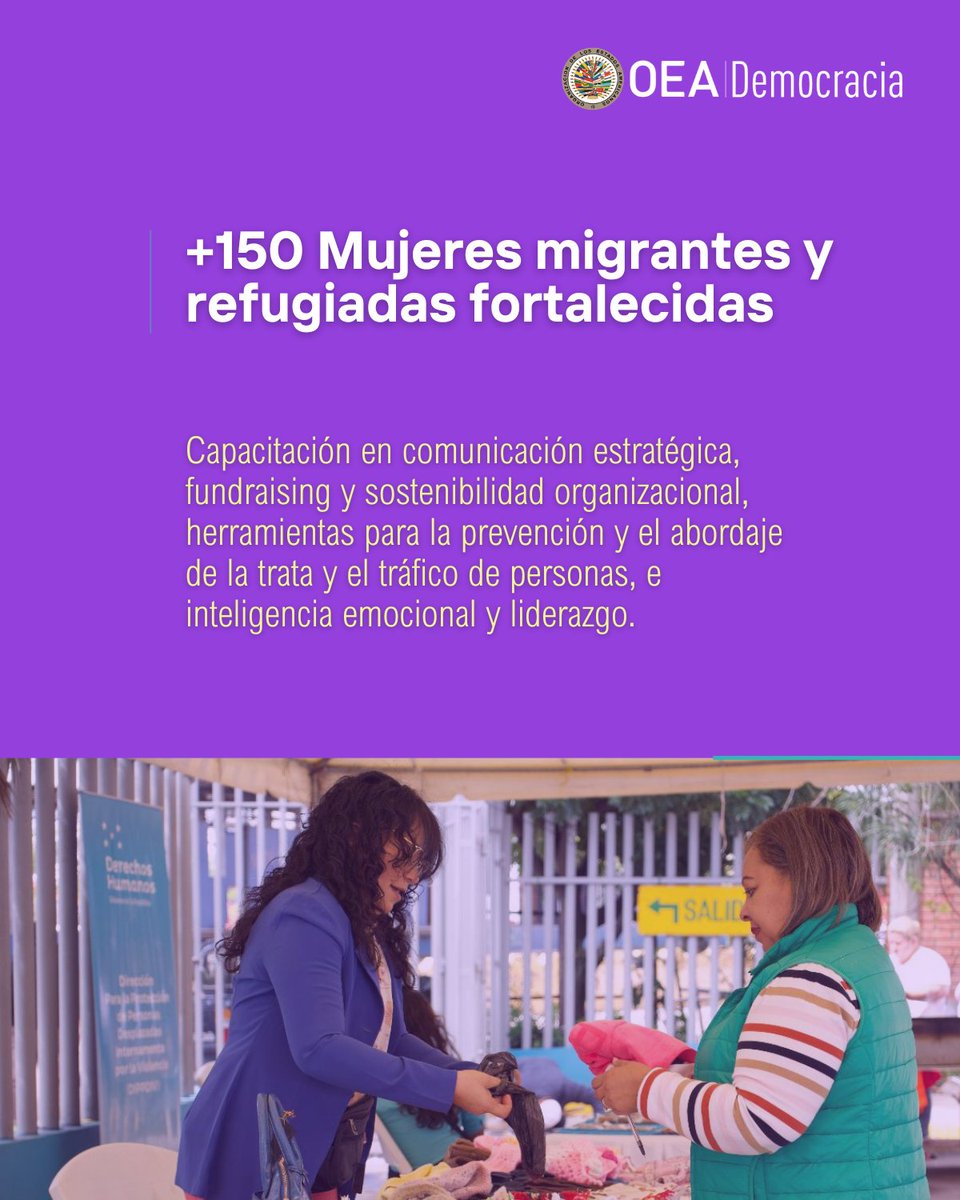 OEA_Democracia's tweet photo. Hoy, en el #DiaInternacionalDeLaMujer, reconocemos a quienes transforman nuestras democracias todos los días.

En la Secretaría para el Fortalecimiento de la Democracia de la @OEA_oficial trabajamos junto a mujeres que lideran, participan, construyen paz, impulsan cambios y abren caminos para otras.

🌎 +2.000 mujeres políticas capacitadas en 12 países en un trabajo conjunto de la CIM y la Escuela de Gobierno OEA.
🗳️ 52% de mujeres observadoras en Misiones de Observación Electoral (MOE) en 2025.
🧡 +150 mujeres migrantes y refugiadas fortalecidas en liderazgo y prevención de trata.
👩‍🍳 +1.700 mujeres capacitadas en la Zona de Adyacencia para empleo y emprendimiento.

En la Secretaría gran parte del equipo está conformado por mujeres que lideran procesos clave en democracia, participación y derechos y 3 de nuestros 4 departamentos son dirigidos por mujeres.

¡Hoy celebramos sus voces!
Todos los días trabajamos para que sus derechos sean garantizados.

#8M – Por más igualdad, más participación y más democracia.