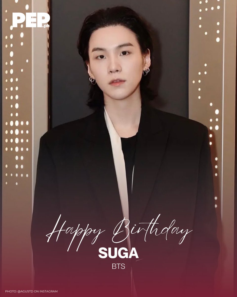 Happy Birthday, Suga! 🎉 Wishing you a year filled with inspiration, creativity, and meaningful milestones. 💜 

He is a South Korean rapper, songwriter, and producer known as a member of the global K-pop group BTS and for his solo work under the name Agust D.

#PEPBirthdays