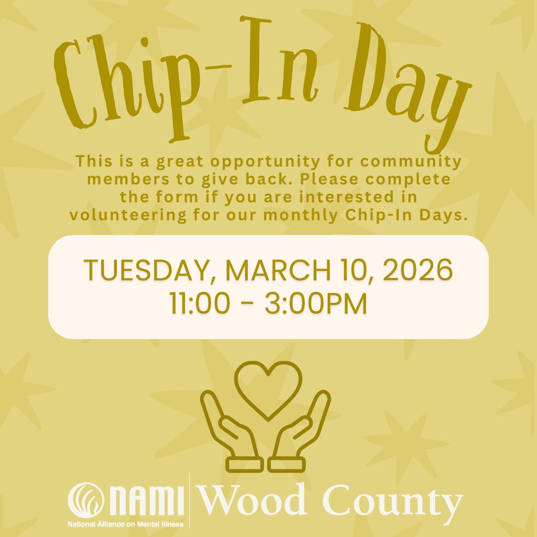 It’s time for Chip-In Day! 
🗓️ Date: Tuesday, March 10th 
⏰ Time: 11:00 - 3:00 pm
📍 Location: NAMI Wood County Office
Sign up to volunteer: namiwoodcounty.org/volunteer-with…