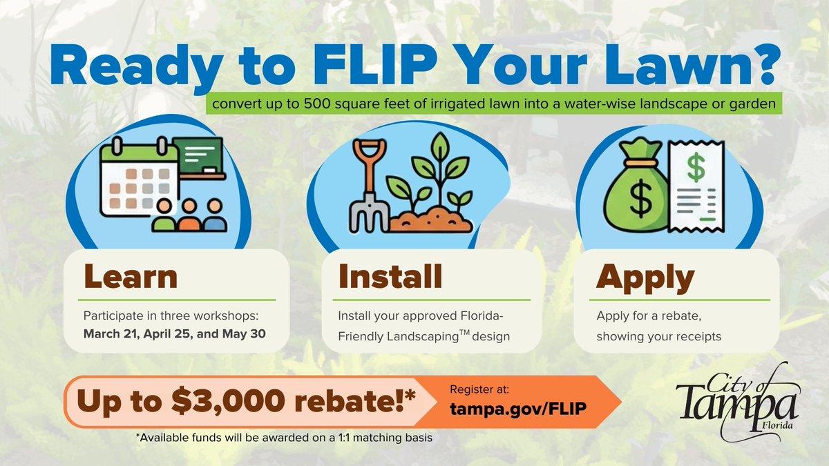 CityofTampa's tweet photo. Trade your thirsty grass for a water-wise oasis! Our new Florida-Friendly Landscaping™ Incentive Program kicks off Mar 21. Tampa homeowners can attend 3 workshops that give you the tools &amp; know-how to transform your lawn AND save money.

🔗 https://t.co/llBEhvUxak https://t.co/gYRDngkA42