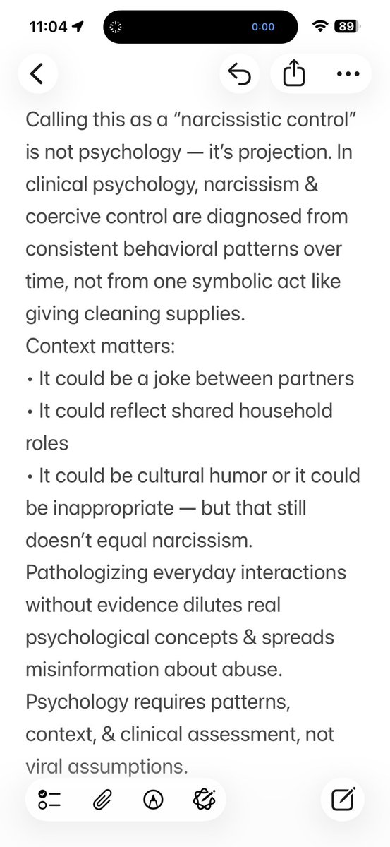 HalitCaTr's tweet photo. @Fparrhesia Calling a single wedding gift “narcissistic control” is not psychology — it’s projection.

In clinical psychology, narcissism and coercive control are diagnosed from consistent behavioral patterns over time, not from one symbolic act like giving cleaning supplies.

#Psychology https://t.co/Ix7HuZdSPP