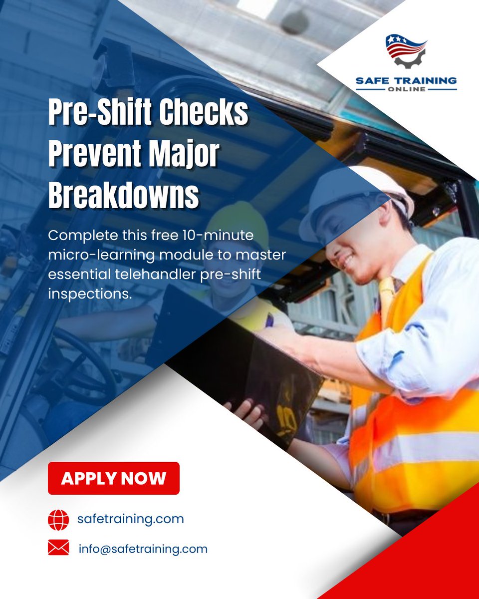 SAFETrainingOn1's tweet photo. Master telehandler pre shift inspections in just ten minutes and prevent costly breakdowns through proactive equipment safety checks.
π https://t.co/WjjumXm0sZ π§ info@safetraining.com
#TelehandlerTraining #EquipmentInspection #PreShiftCheck #ConstructionSafety #HeavyEquipment https://t.co/PlQXhNjdfd