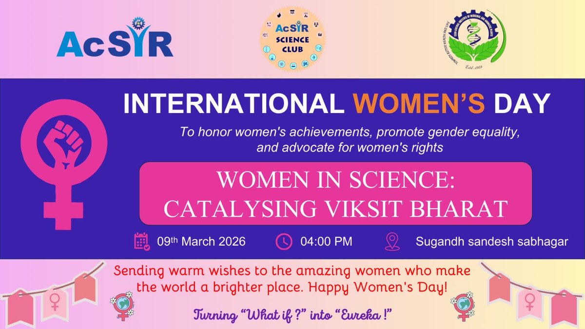 acsir41390's tweet photo. The AcSIR Science Club, CSIR-CIMAP, is celebrating International Women’s Day on 9 March with the theme “Women in Science: Catalysing Viksit Bharat”, highlighting the achievements and contributions of women in advancing science and nation-building. https://t.co/EzOgeVCXHF