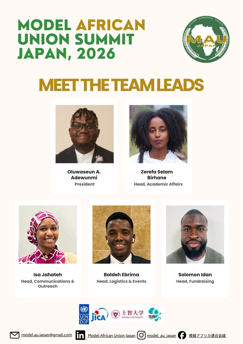 JapanModelAU's tweet photo. Meet the Leadership Team Behind the Model African Union Summit Japan 2026!

We are excited to introduce the Team Leads who are guiding the different committees that make this summit possible. 

Stay tuned as we continue introducing the incredible team working behind the scenes. https://t.co/y4Uw1XoQ6m
