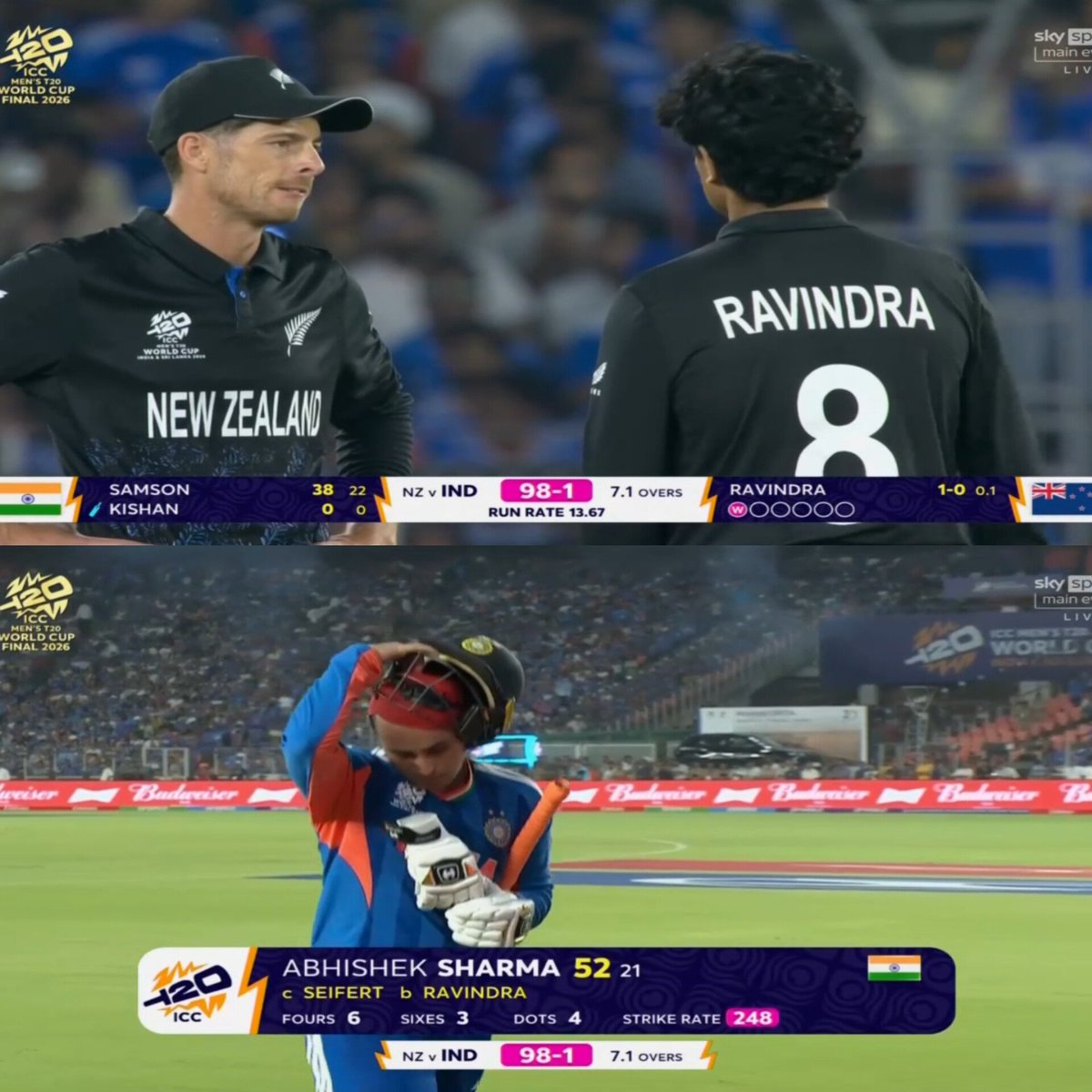 ShakeelktkKhan's tweet image. Rachin Ravindra strikes with his very first delivery, breaking the partnership and sending the dangerous Abhishek Sharma back to the pavilion. What an impact!

#T20WorldCup2026final #INDvsPAK