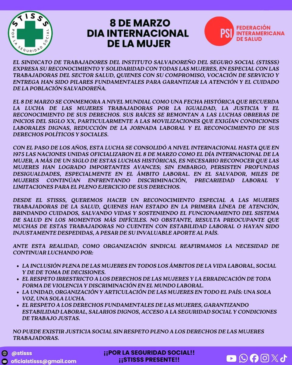 STISSS_comunica's tweet photo. 8 de Marzo | #DiaInternacionalDeLaMujer 

Las conquistas alcanzadas son producto de la lucha colectiva de generaciones de mujeres que enfrentaron la desigualdad, la discriminación y la violencia en el mundo del trabajo. https://t.co/IkxivlQSuS