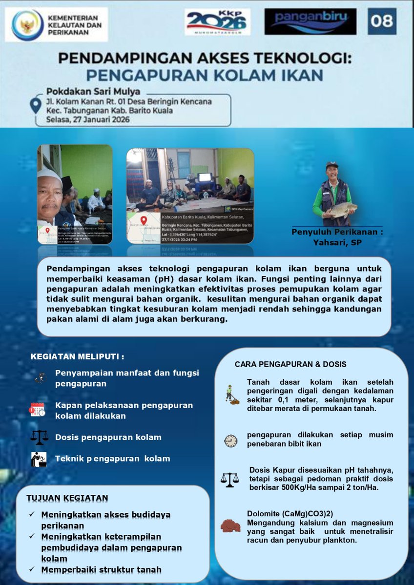 yahsari05's tweet photo. Hari Kamis tgl 27 Januari 2026.pendampingan akses informasi tentang pengapuran kolam ikan. Di kelompok Sari Mulya Desa Beringin kencana kecamatan tabunganen. Batola
#GiatluhkanDatminkalBWI https://t.co/A4QIQcQ6RS