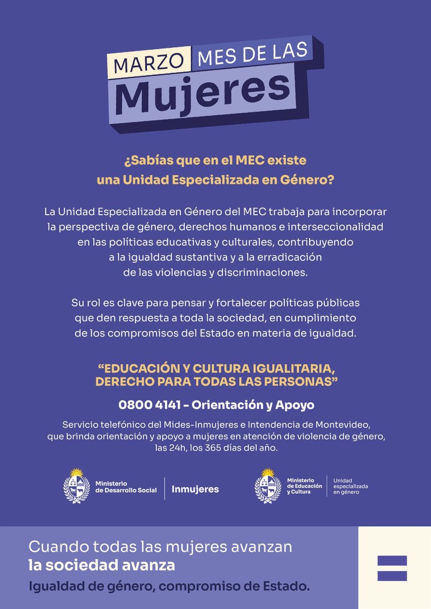 MEC_Uruguay's tweet image. El #MEC cuenta con una Unidad Especializada en Género que viene trabajando propuestas bajo la consigna «Educación y Cultura igualitaria, derecho para todas las personas», invitando a reflexionar, participar y fortalecer el compromiso con una sociedad más justa e igualitaria #8m