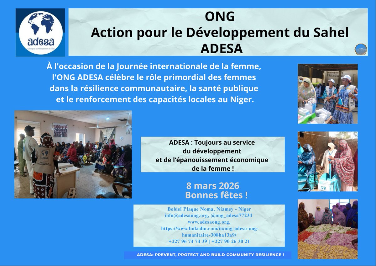 ong_adesa77234's tweet image. Chères femmes du Sahel et du monde entier,
Bonne fête ce 8 mars ! ADESA célèbre votre résilience via FHRAOC, ACIS, BADEA : Nutrition, AGR, Education des filles pour un avenir juste ! #8Mars #FemmesDuSahel #ADESA #Resilience #BonnesFetes