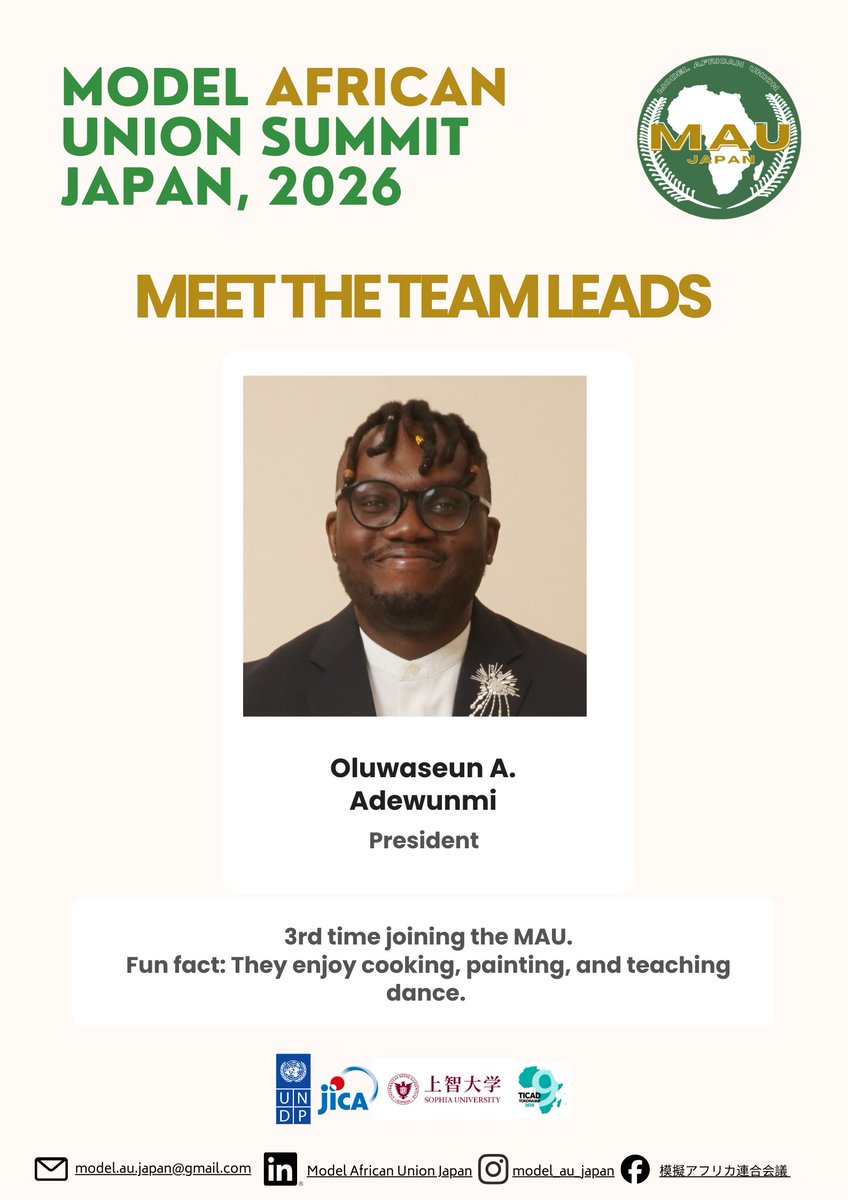 JapanModelAU's tweet photo. Meet the Leadership Team Behind the Model African Union Summit Japan 2026!

We are excited to introduce the Team Leads who are guiding the different committees that make this summit possible. 

Stay tuned as we continue introducing the incredible team working behind the scenes. https://t.co/y4Uw1XoQ6m