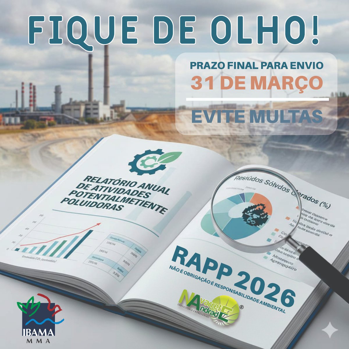 RenataNavarrete's tweet photo. Fique de Olho!!!
Prazo Final para Envio do Rapp do Ibama - Relatório Anual de Atividades Potencialmente Poluidoras (Relatório 2026/2025) com ano de referencia 2025, e até 31/03/2026, evite perder PRAZO, para sua empresa ou empreendimento, e não ser autuado e multado pelo órgão. https://t.co/vAhZIBU30O