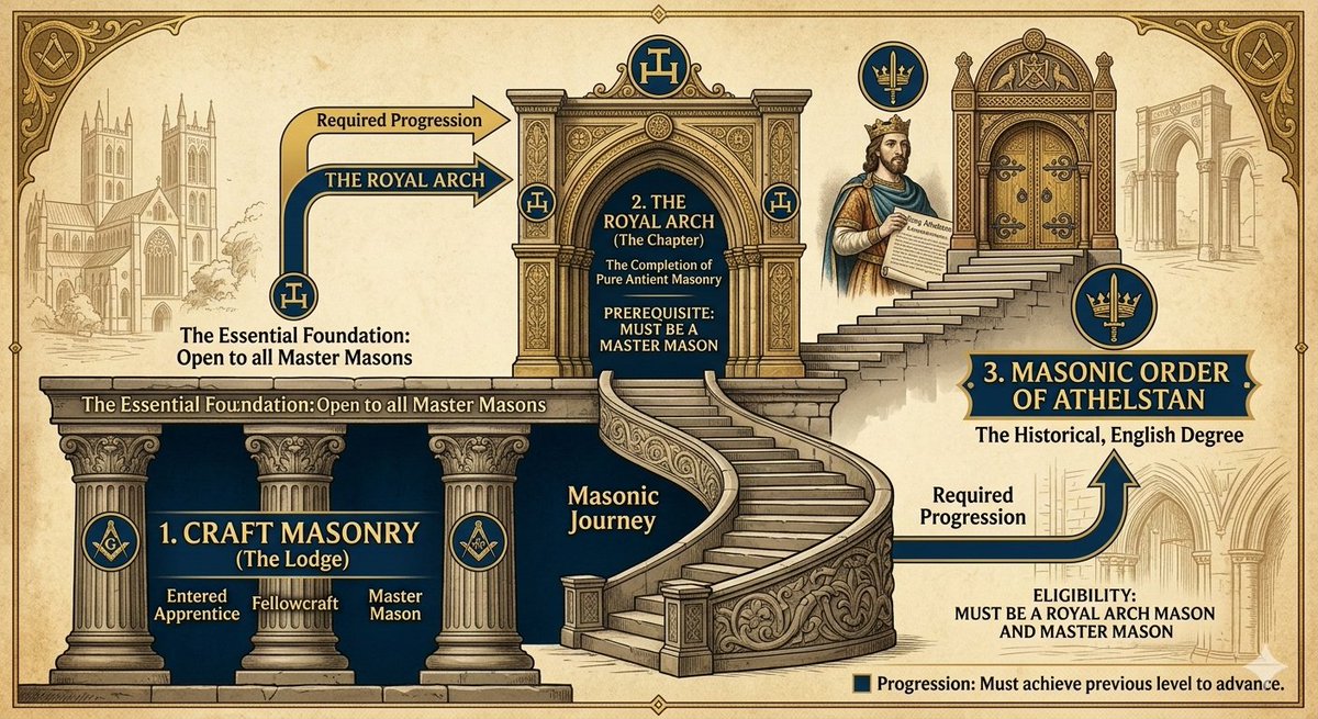 MBF70's tweet photo. The "Chain of Logic"
​Craft: You learn the basic philosophy.
​Royal Arch: You find the "lost" spiritual meaning of that philosophy.
​Athelstan: You explore the English heritage and legal origins of how those groups came to be organised in the British Isles
@WessexAthelstan https://t.co/Iy90iJYrEE
