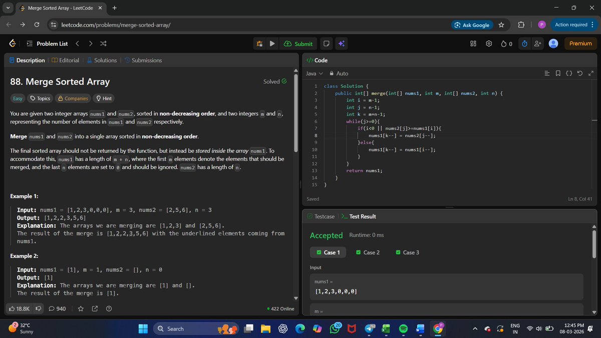 Prathamesh1697's tweet photo. Today π , I am starting a 30 days challenge series where i will be solving 1 leetcode problem every single day for 30 days in java to maintain my consistency πͺ .
π Day 1 /30 of #30DaysofDSA | problem : Merge Sorted array (LC #88)
#DSA #JAVA #LeetCode #30DaysofDSA #CHALLENGE https://t.co/eFcxflhWTP