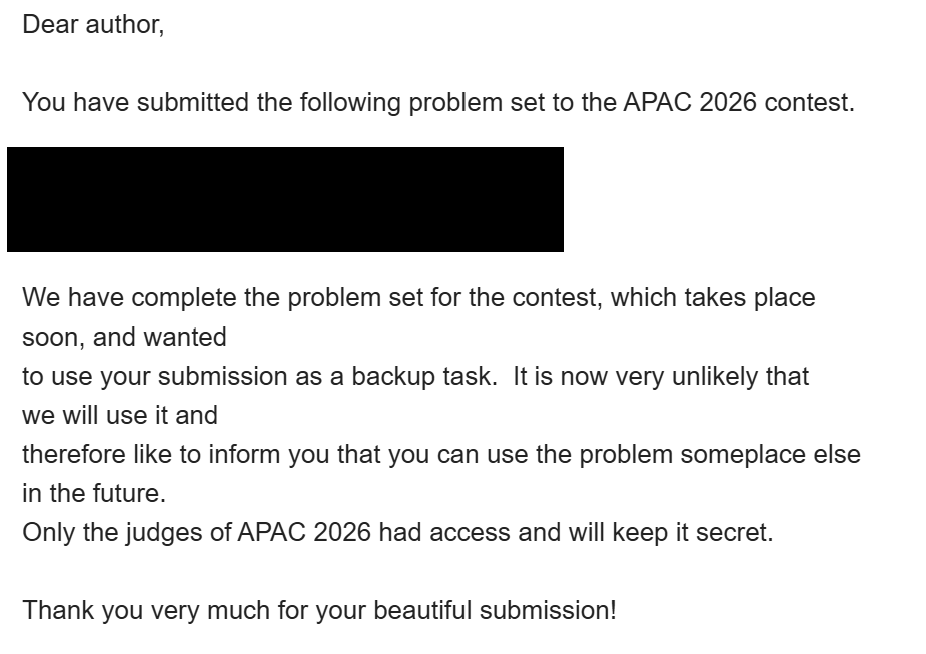 henotrix's tweet photo. Actually I did submit problems to APAC, but none of them make to the problem set, although i really want to :sob:
One of them end up being a back-up problem though https://t.co/tzZz9liqjV
