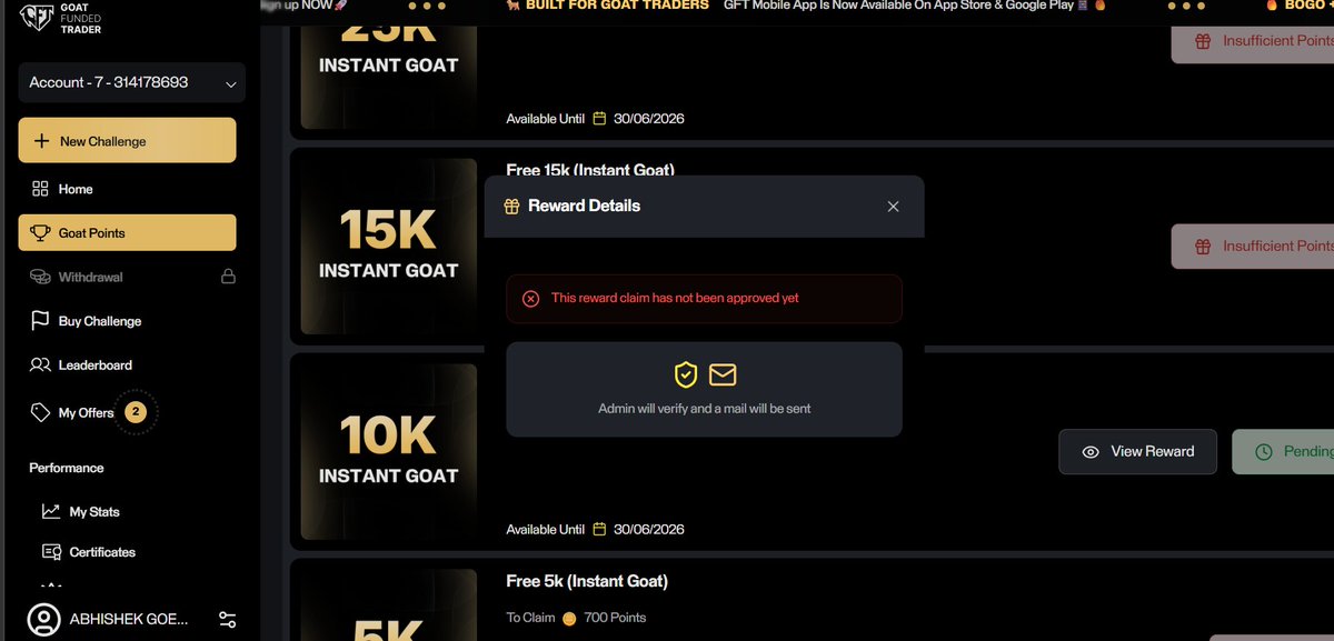 learningmania09's tweet photo. @HafeezGFT I am writing to follow up on my 10K Instant Account reward claim submitted through Goat Points on 25 February. not received account till now its been 11 days since i have requested 
My email- goelabhishek1706@gmail.com
Please grant me the account https://t.co/y2dILCfmBy