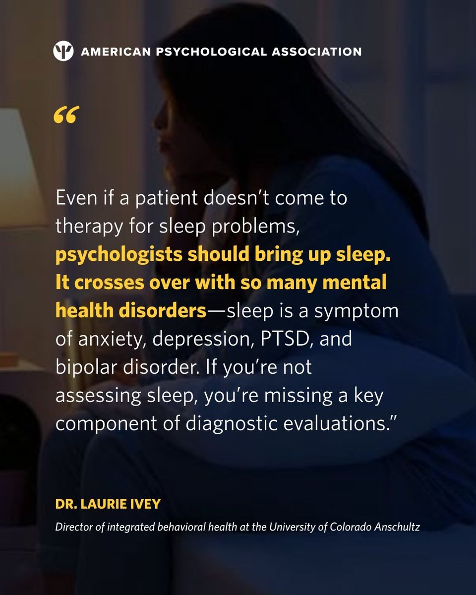 APA's tweet image. 💤Sleep isn’t just a side note. It’s foundational. Dr. Laurie Ivey shares this reminder for psychologists: Ask about sleep. Talk about sleep. Protect sleep. It’s mental health care. Learn more: at.apa.org/6c6614