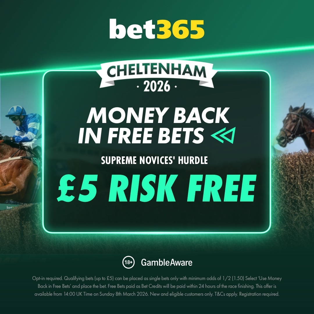 bet365's tweet photo. 🏇 Cheltenham Day 1 → Offer!
 
Place a pre-race single bet &amp; get up to £5 back in 𝗙𝗿𝗲𝗲 𝗕𝗲𝘁𝘀 if your horse loses in the Supreme Novices' Hurdle.