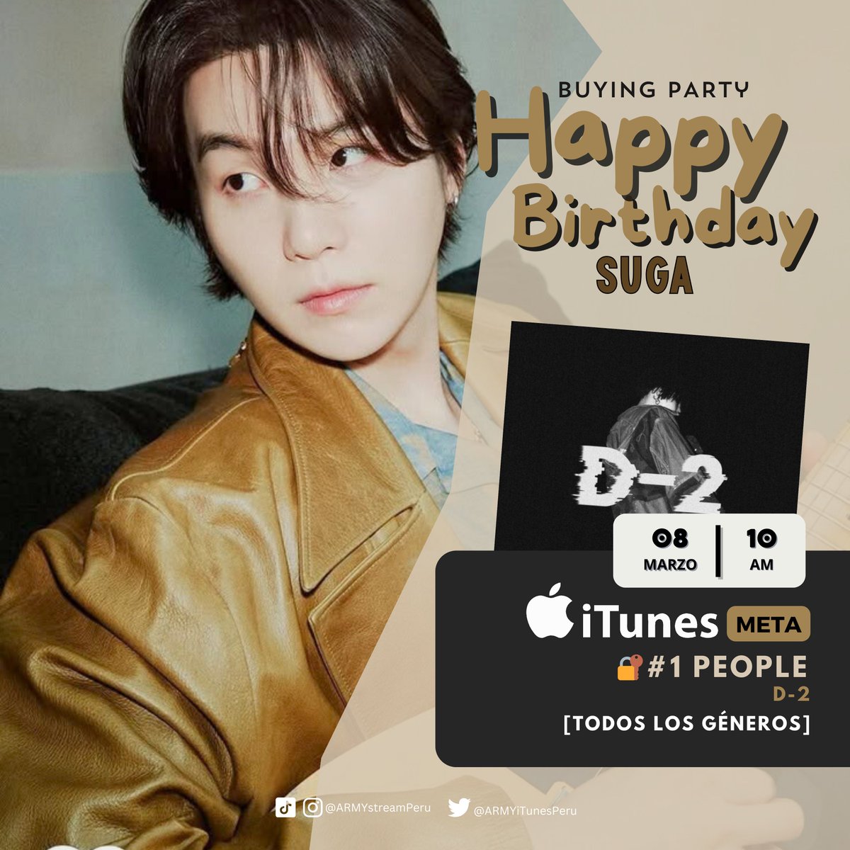 ARMYiTunesPeru's tweet photo. #ARMYPerú🇵🇪|🔥HB #SUGA 

¡Saludemos a nuestro #Yoongi cumpliendo el siguiente reto 😍!

Itunes Perú:
🔐#1 PEOPLE
📅08 MARZO
⏰10AM 🇵🇪

HAPPY BIRTHDAY YOONGI 
#HappySUGADAY 
#HappyBirthdayYoongi https://t.co/kEhdWucT9q