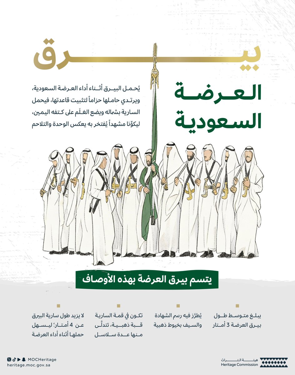 مشهد ورثناه، وعَلم حملناه..
في #يوم_العلم نستحضر البيرق في العرضة السعودية التي سُجِّلت قبل 11 عام في القائمة التمثيلية للتراث الثقافي غير المادي لدى #اليونسكو.

#هيئة_التراث