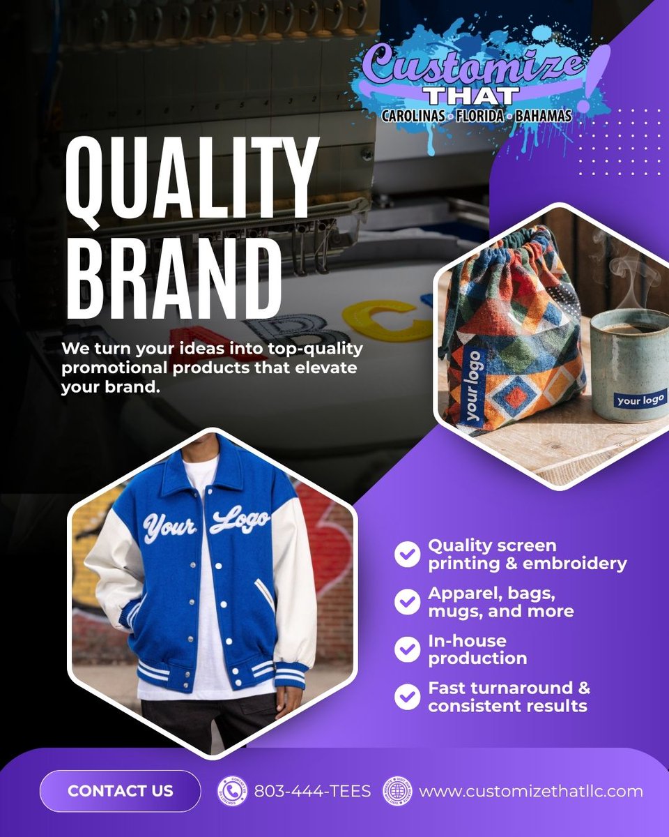 Customize_That's tweet photo. From blank to branded, we turn your ideas into top-quality promotional products that elevate your brand—call 803-444-TEES and let's brainstorm your perfect swag! #CustomPrinting #BrandBuilding #PromotionalProducts #ScreenPrinting #Embroidery #LocalBusiness #SwagDesign #8... https://t.co/eBEdSqkI54