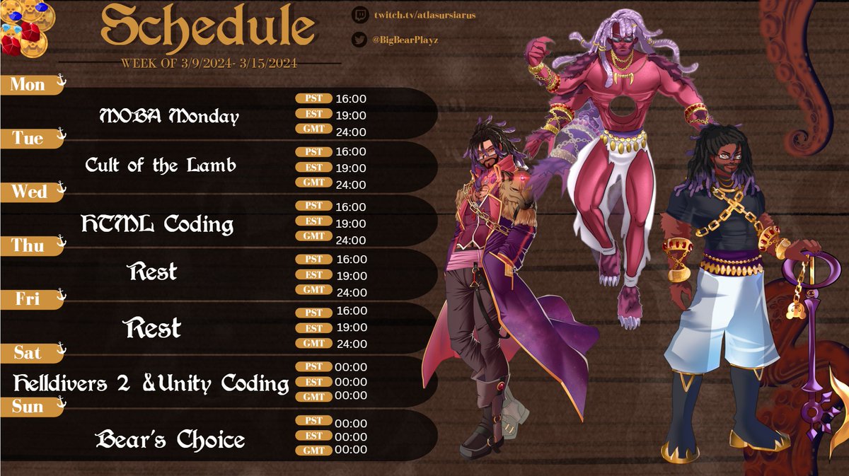 CaptainAtlasVT's tweet photo. Yer ho ho crew ⚓🐻
Updated stream schedule for the week ahead! More coding and game design on deck, plus Bear’s Choice Sunday where the crew decides what we play.
Let’s set sail into the week.

#CaptainAtlas #BigBearPirates #BuildInPublic https://t.co/treg7zN5TK