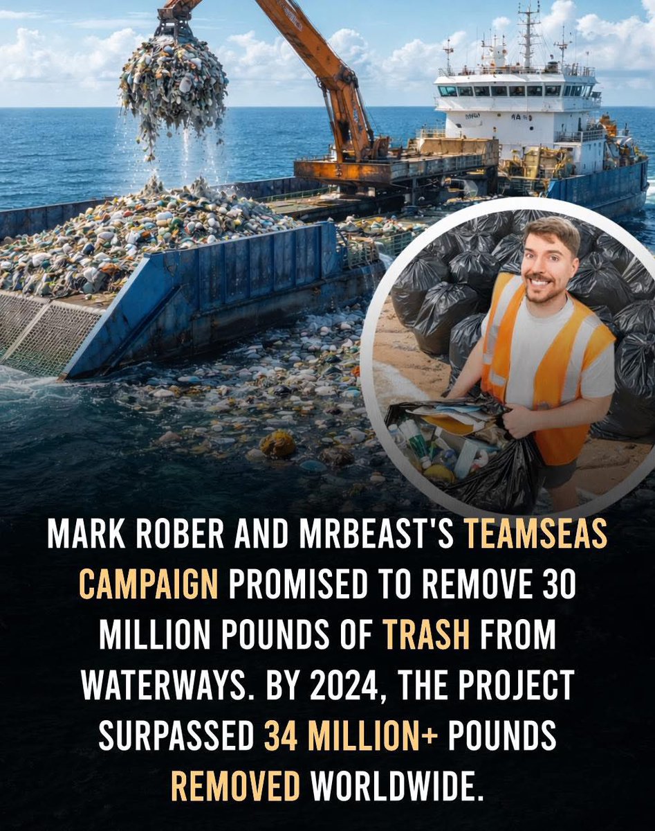 XekiHlongwane's tweet photo. In 2021, YouTubers MrBeast and Mark Rober launched the #TeamSeas campaign with a bold promise: for every $1 donated, one pound of trash would be removed from oceans and waterways.
The project partnered with Ocean Conservancy and The Ocean Cleanup to fund real cleanup operations around the world.🙏🏻
By July 2024, the campaign had removed over 34 million pounds of trash, surpassing its original 30-million-pound goal.🙌🏻
It may be small compared to global plastic pollution, but it proved that when millions of people come together—even through the internet—they can make a real difference. 🌊🌍
