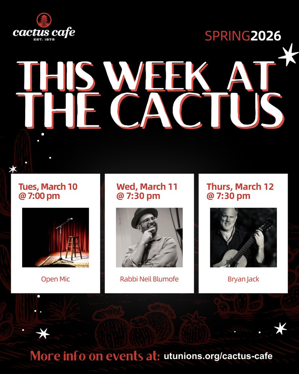 cactuscafeatx's tweet photo. Join us at the Cactus Cafe in the Texas Union for great sounds and good company:

- Tues: Open Mic Night 
- Wed: Wednesday Night Jazz Meeting with Rabbi Neil Blumofe 
- Thurs: Bryan Jack Live at The Cactus Cafe!

#UTEvents #LiveMusic #AustinMusic #UTAustin #MeetMeAtTheCactus https://t.co/6d9sb5xxWz