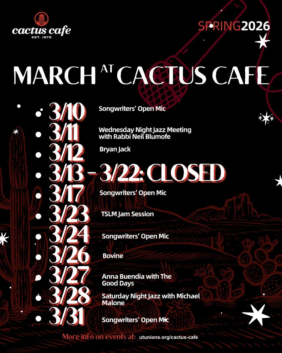 cactuscafeatx's tweet photo. Join us at the Cactus Cafe in the Texas Union for great sounds and good company:

- Tues: Open Mic Night 
- Wed: Wednesday Night Jazz Meeting with Rabbi Neil Blumofe 
- Thurs: Bryan Jack Live at The Cactus Cafe!

#UTEvents #LiveMusic #AustinMusic #UTAustin #MeetMeAtTheCactus https://t.co/6d9sb5xxWz