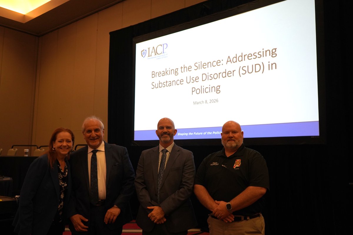 TheIACP's tweet photo. Today at #IACPOSW in New Orleans, attendees heard a workshop focused on substance use disorder (SUD) in policing.
Panelists Leo Petrilli, Mark Elliott (@TASC_CHJ), & Sgt. Jason Hallman (@TuscaloosaPD) highlighted the importance of early intervention, deflection strategies, and helping officers succeed in long‑term recovery.
Learn more: https://t.co/79ZewETe1m
#OfficerWellness @DOJBJA