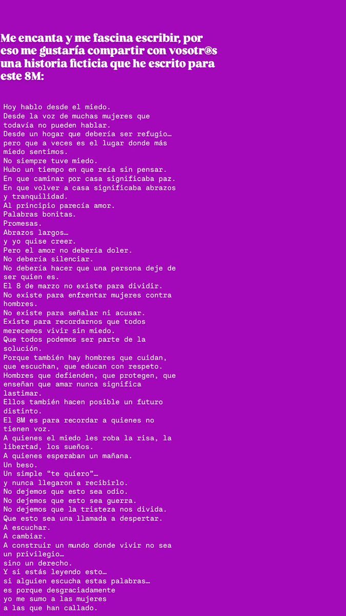 ZANDHR27's tweet photo. Hola a tod@s, a mí me encan y me fascina escribir, lo hago desde pequeña, por eso me gustaría compartir una historia ficticia que he escrito para este 8 M ( escribí otras 2). Espero os guste. https://t.co/TW0tXMyl5x
