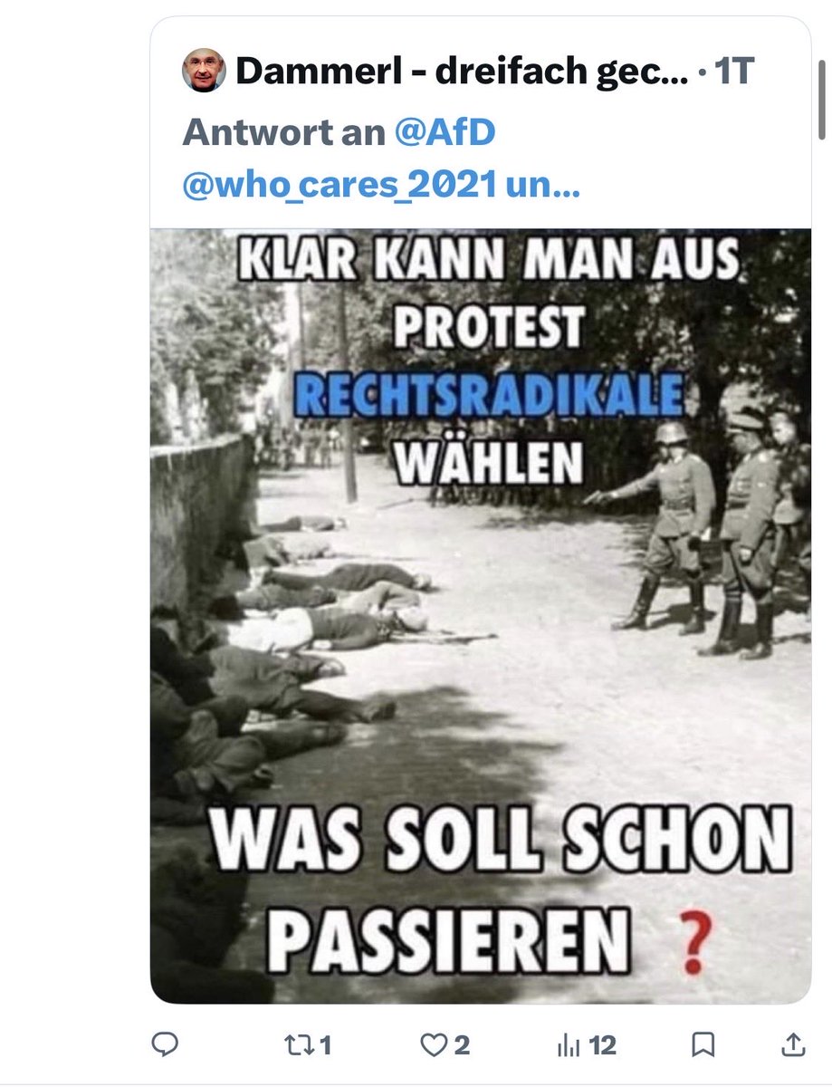 🚨🔥🚨🔥🚨🔥🚨🔥🚨🔥🚨
Ihr nehmt Fotos von echten NS-Morden, von wehrlosen Zivilisten, die von Einsatzgruppen hingerichtet wurden … und klebt euren billigen Spruch drüber:
„Kann man aus Protest rechtsradikale wählen … was soll schon passieren?“

Wisst ihr, was das ist? Das ist