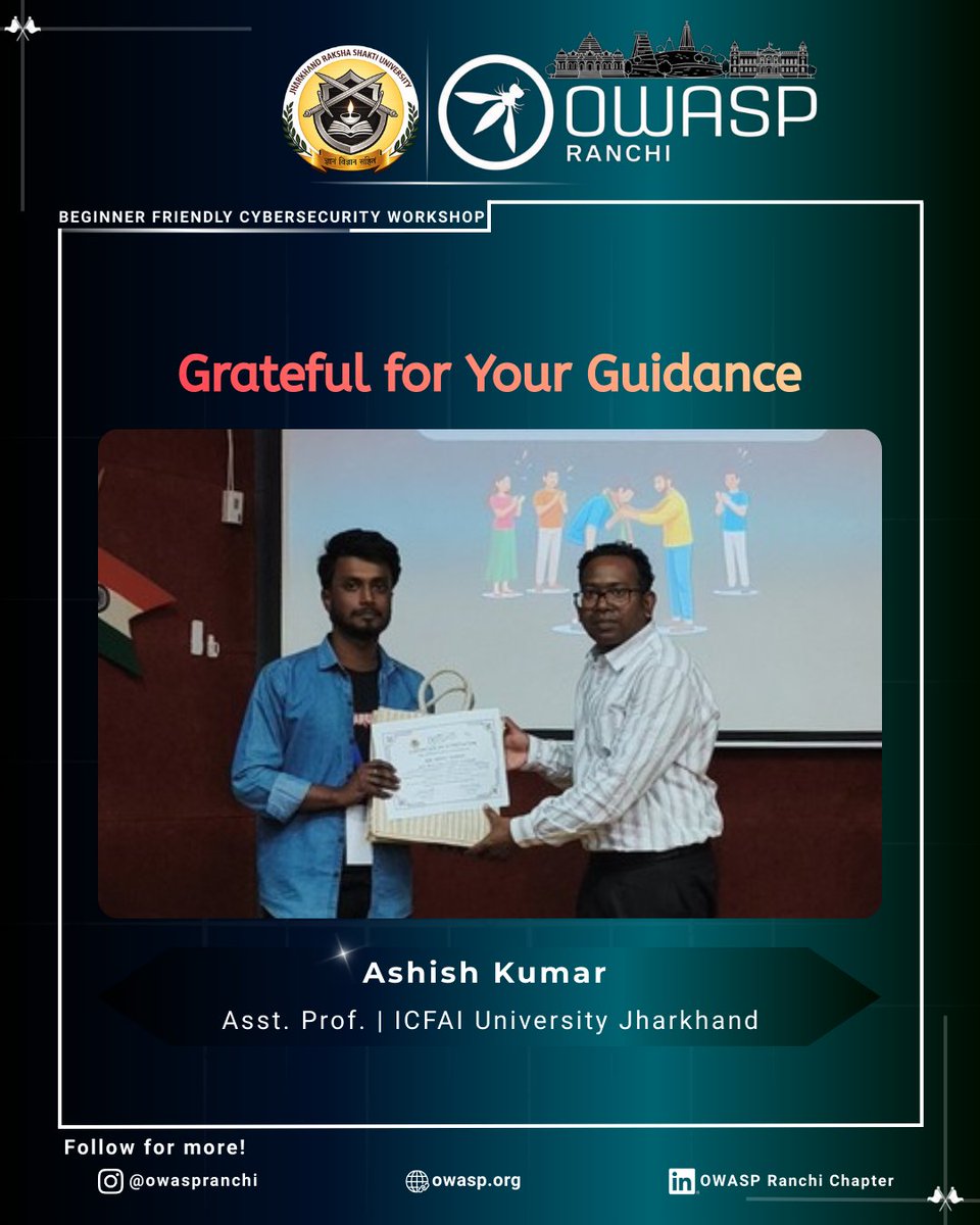 OWASPRanchi's tweet photo. Grateful to our mentors for guiding participants during the OWASP Beginner Friendly Cybersecurity Workshop organized by the OWASP Ranchi Chapter. 🔐

Appreciation to our team for presenting tokens of appreciation during the felicitation ceremony. 🙌

#OWASP #OWASPRanchi #Cyber https://t.co/BAerz60lqO