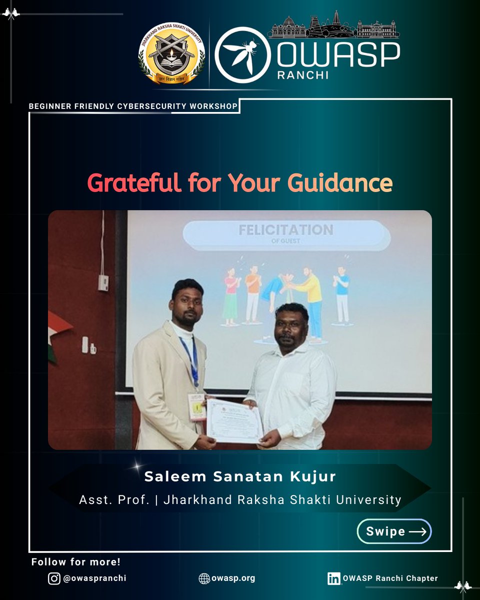 OWASPRanchi's tweet photo. Grateful to our mentors for guiding participants during the OWASP Beginner Friendly Cybersecurity Workshop organized by the OWASP Ranchi Chapter. 🔐

Appreciation to our team for presenting tokens of appreciation during the felicitation ceremony. 🙌

#OWASP #OWASPRanchi #Cyber https://t.co/BAerz60lqO