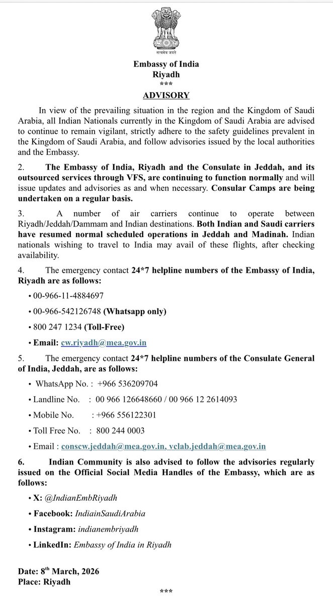 IndianEmbRiyadh's tweet photo. Important Advisory dated 08 March 2026 https://t.co/1GP9oUmJVY