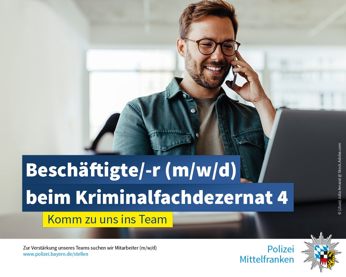 PolizeiMFR's tweet image. +++#Stellenangebot+++

Beim Kriminalfachdezernat 4 #Nürnberg - Kommissariat 41 suchen wir zum 01.05.2026 eine/-n Beschäftigte/-n (m/w/d) im Bürodienst auf einer unbefristeten Vollzeitstelle mit 40 Wochenstunden.

bevi.polizei.bayern.de/index.php?ac=j…