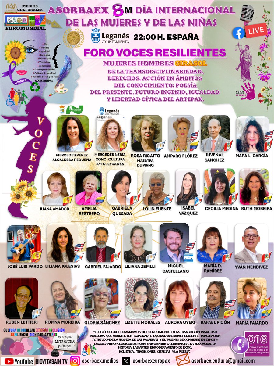 AsorbaexEuropax's tweet photo. #ASORBAEX #DiaInternacionalDeLaMujer celebra hoy Foro Voces Resilientes Mujeres y Hombres Girasol 22:00 h. #Espana transmisión en directo FB livehttps://www.facebook.com/lucy.asorbaex/ Inclusión #discapacidad #Igualdad equidad #poesía música #literatura #Bienestar ¡Acompáñanos! https://t.co/CUINcJ45F2