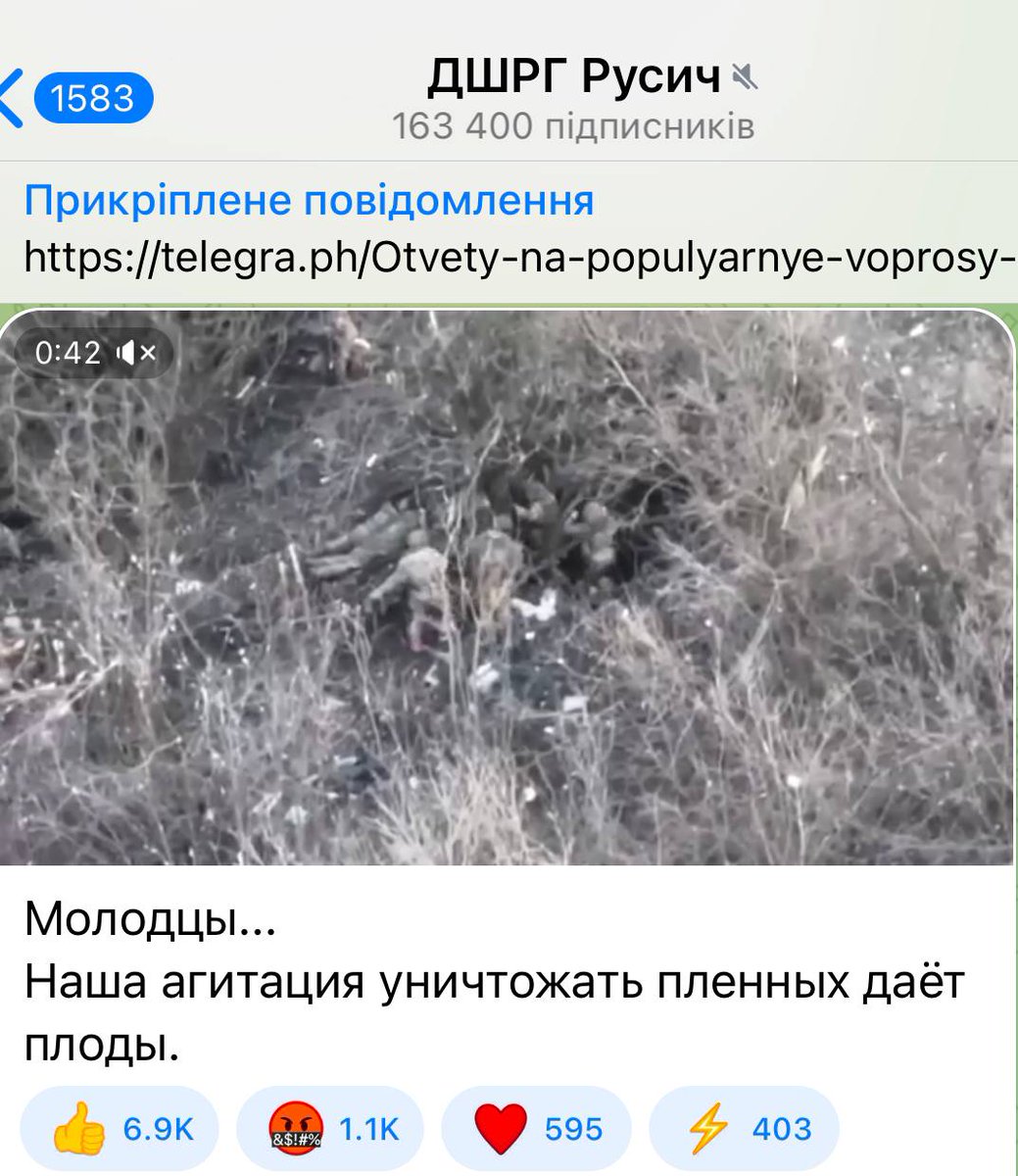 Yagger2025's tweet photo. «ДШРГ Русич» открыто призывает к военным преступлениям: в своем канале группировка заявила о продолжении убийств украинских военнопленных и призвала всю российскую армию следовать их примеру. Прямое игнорирование Женевских конвенций и бравада жестокостью. Настоящие нацисты в РФ! https://t.co/HfEgwsxd43
