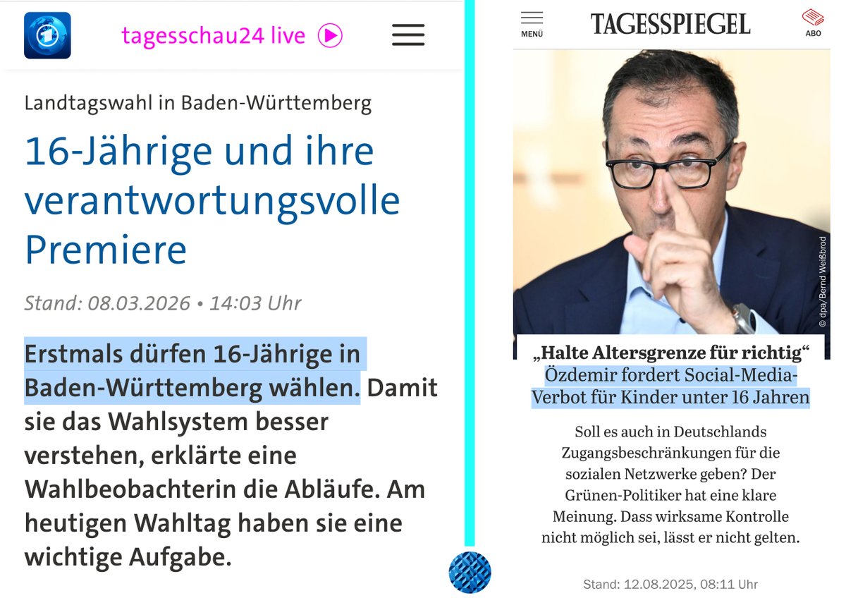 Wenn es nach Cem Özdemir ginge, hätte sich jemand, der heute seinen 16. Geburtstag feiert und seine Stimme bei der Landtagswahl in Baden-Württemberg abgibt, zum ersten Mal auf Social Media informieren dürfen. 🤪