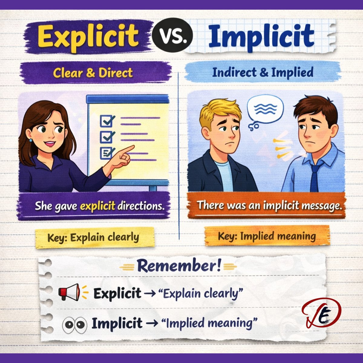 EnglishwithDev's tweet image. Explicit vs Implicit

Explicit (adjective)
Meaning: Stated clearly and directly, leaving no room for doubt or misunderstanding.

Implicit (adjective)
Meaning: Suggested or understood without being directly stated; implied.
#Implicit #Explicit #EnglishWithDev